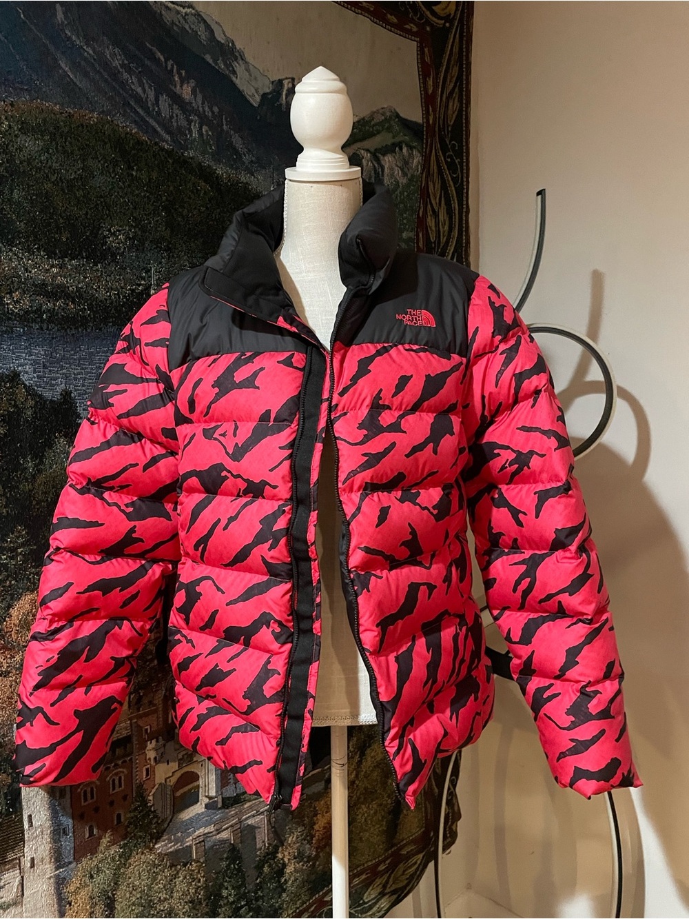 The North Face Bright Reddish Pink and Black Printed Puffer Jacket